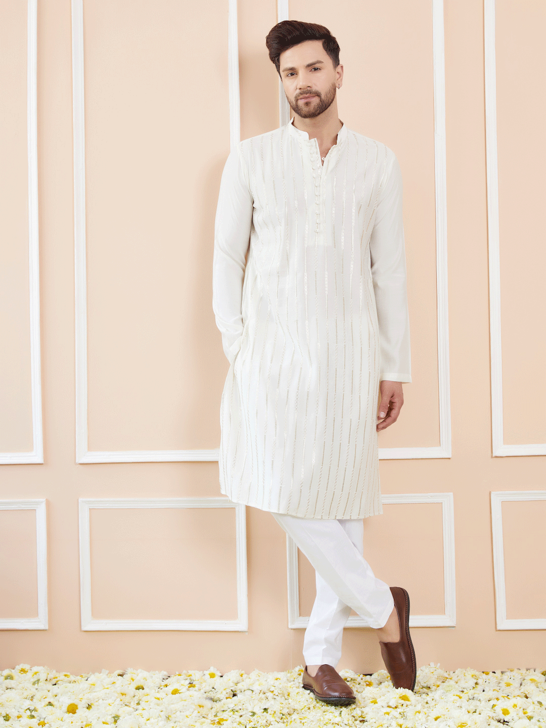 Men Off White and Gold Sequins Embroidered Chanderi Silk Straight  Kurta