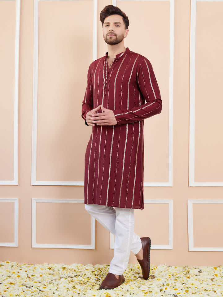 Men Maroon and Gold Sequins Embroidered Chanderi Silk Straight Kurta