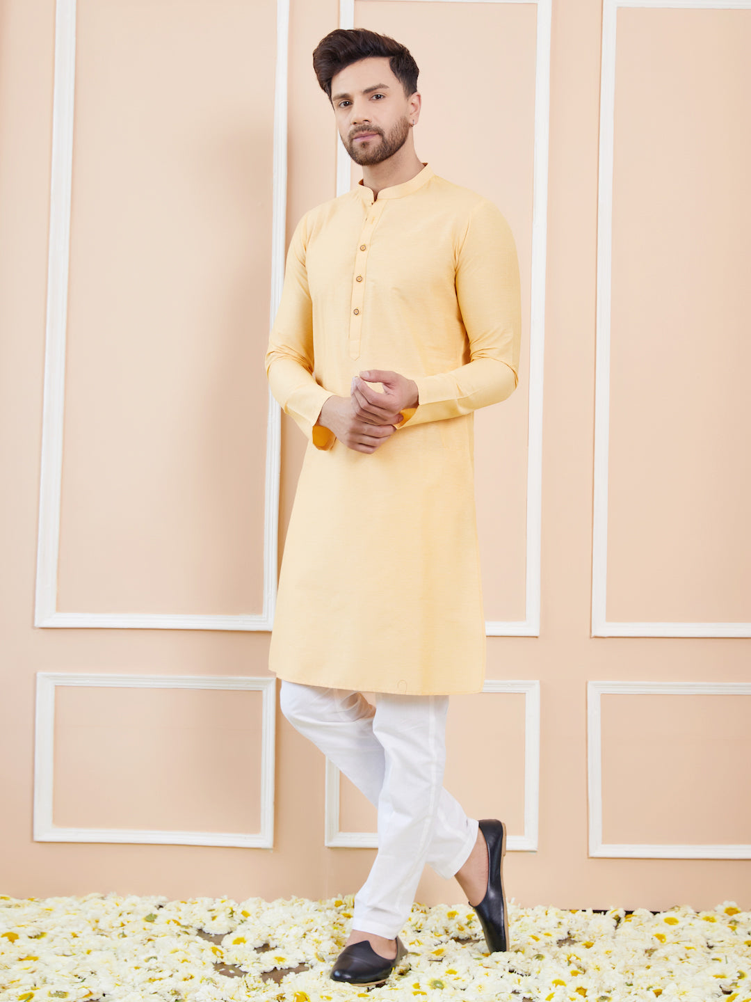 Beige Cotton Solid Straight Kurta with Pyjama