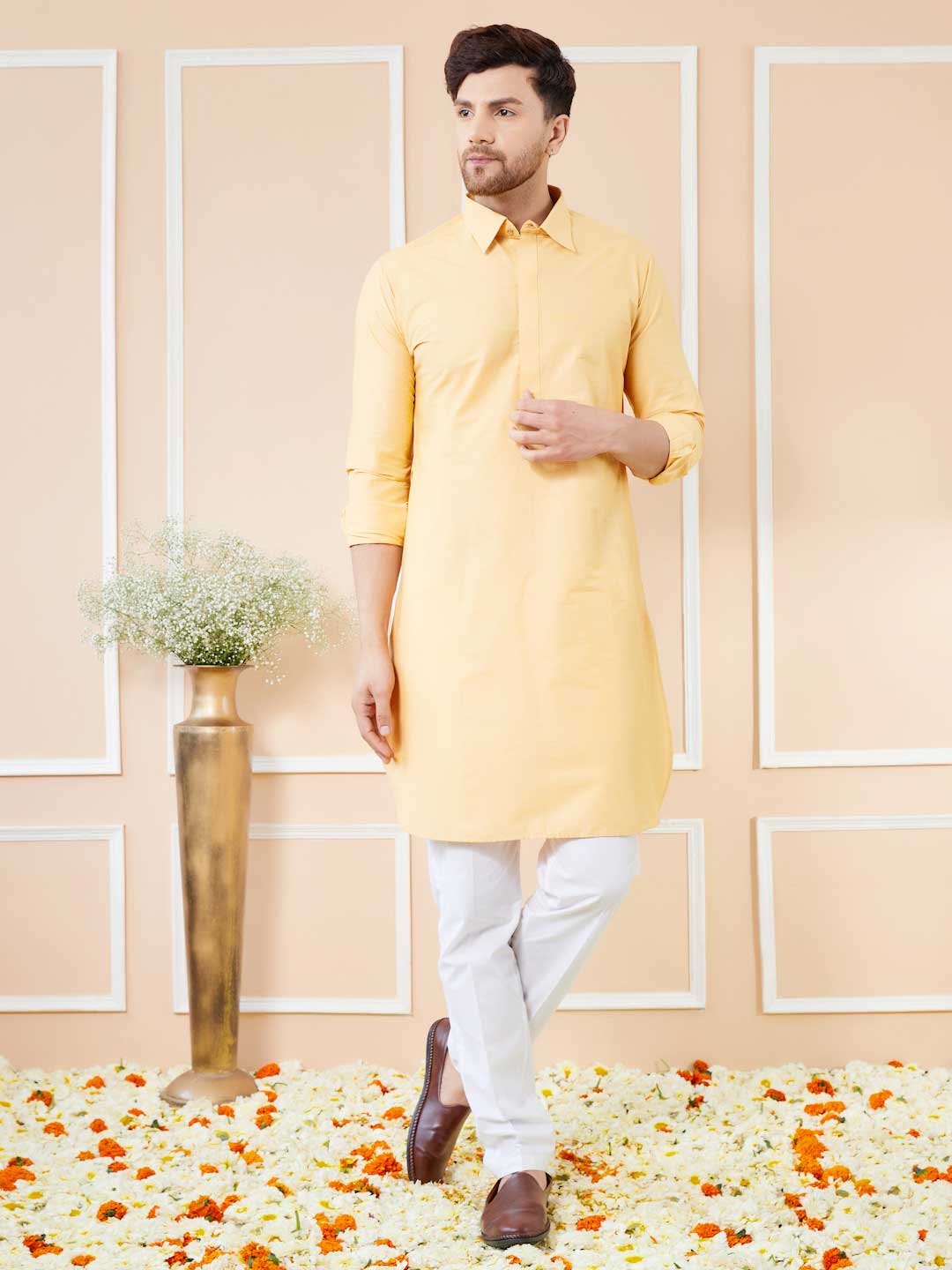 Yellow Cotton Solid Pathani Kurta with Pyjama