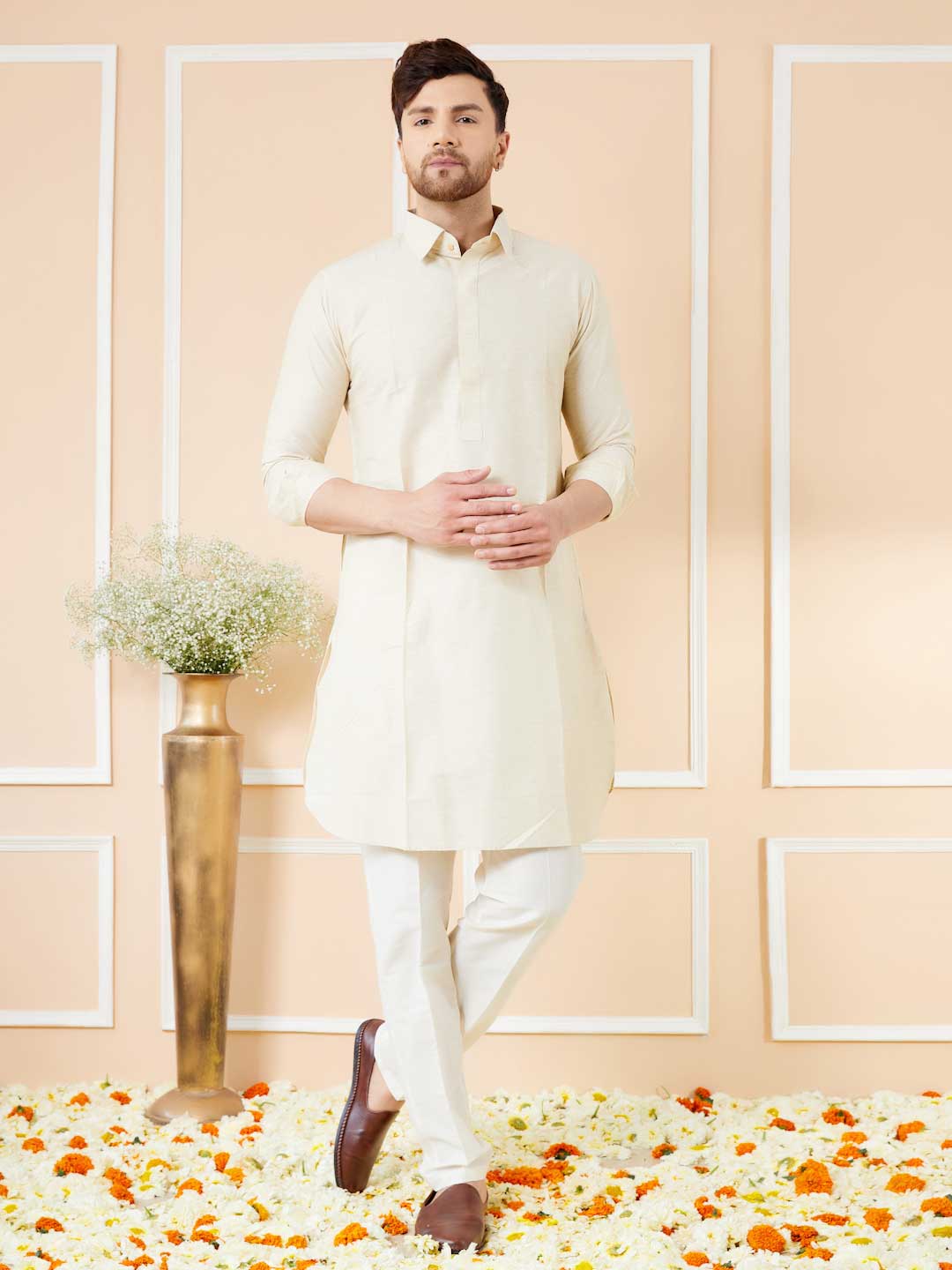 Cream Cotton Solid Pathani Kurta with Pyjama