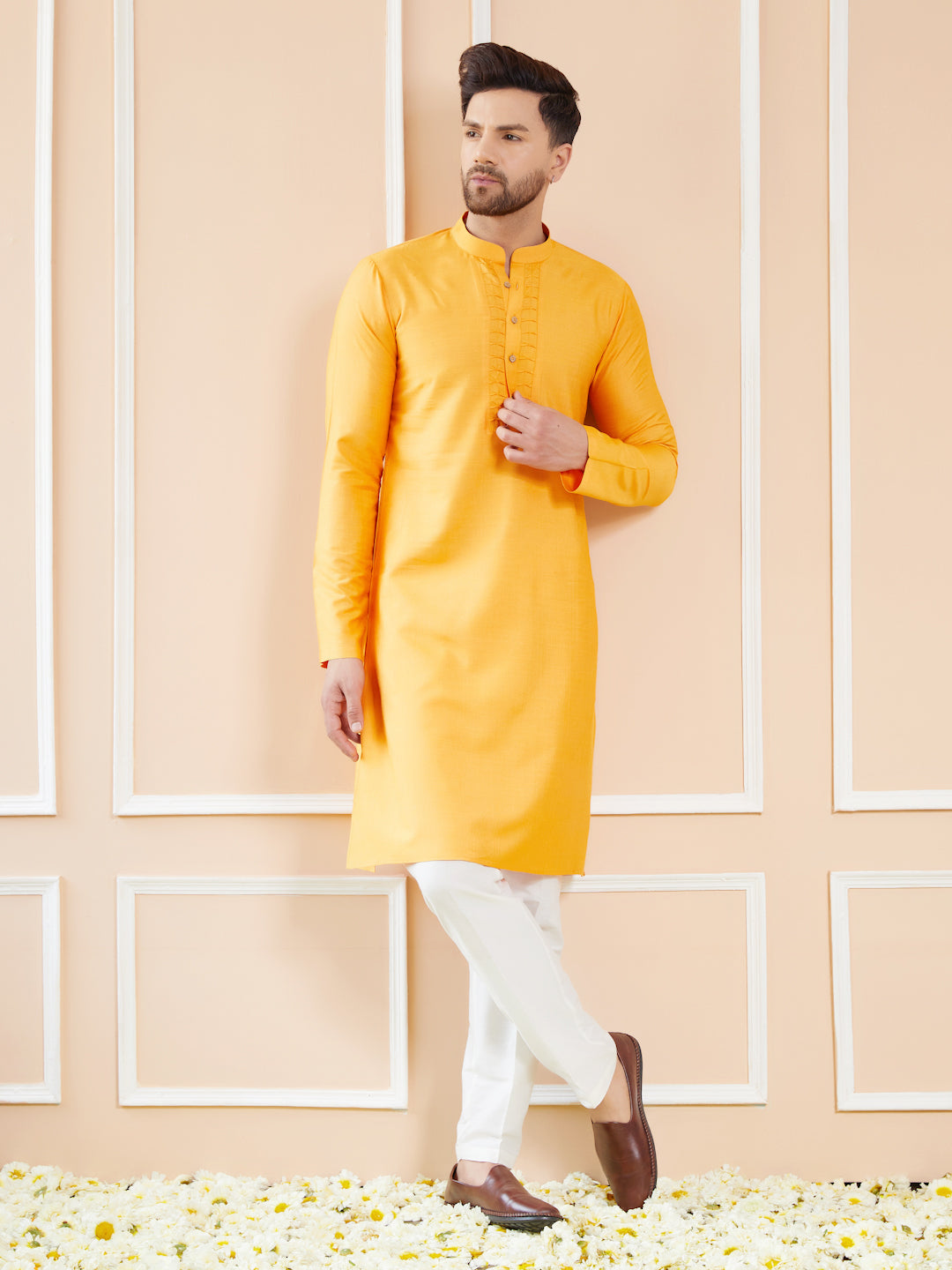 Mustard Raw Silk Straight Kurta with Pintuck Neckline and Pyjama