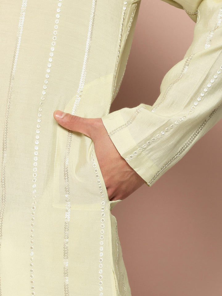 Men's Cream Chanderi Silk Kurta with Sequin Embroidery, Paired with Pyjama