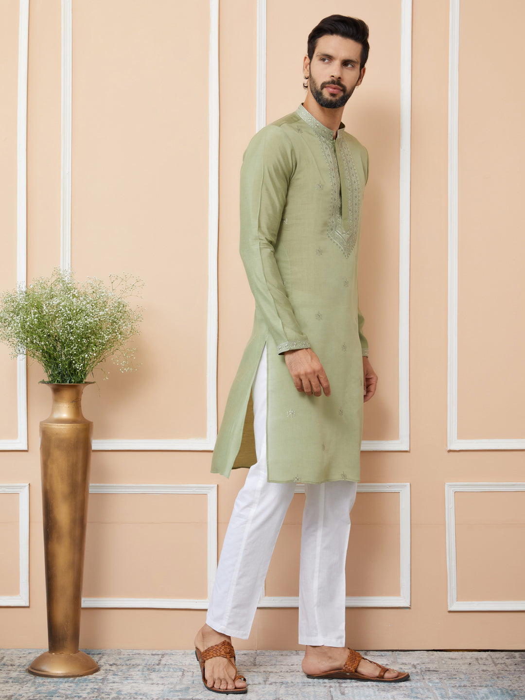 Olive Embroidered Chanderi Silk Straight Kurta with Pyjama