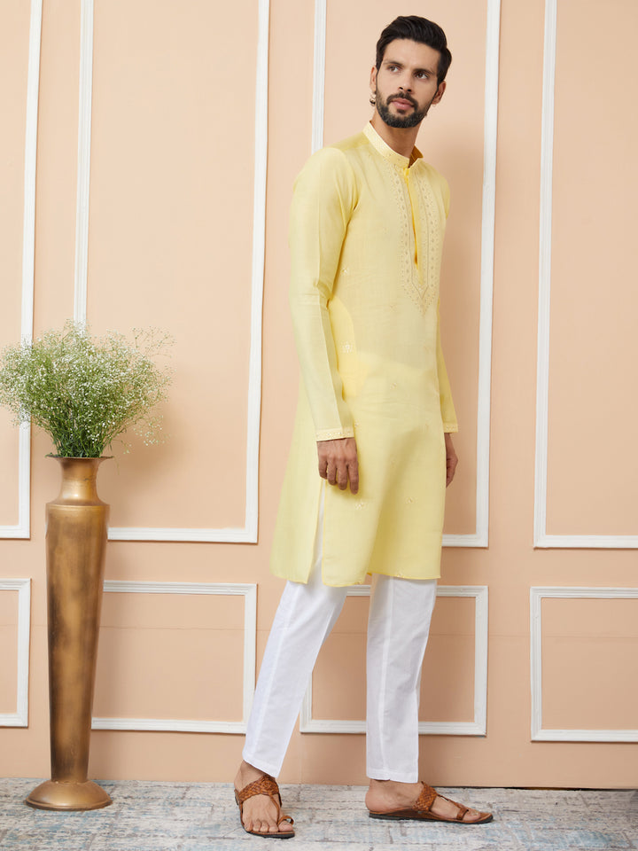 Yellow Embroidered Chanderi Silk Straight Kurta with Pyjama