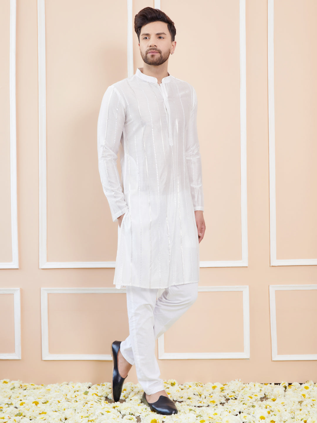 White Sequins Embroidered Pure Chanderi Silk Straight Kurta