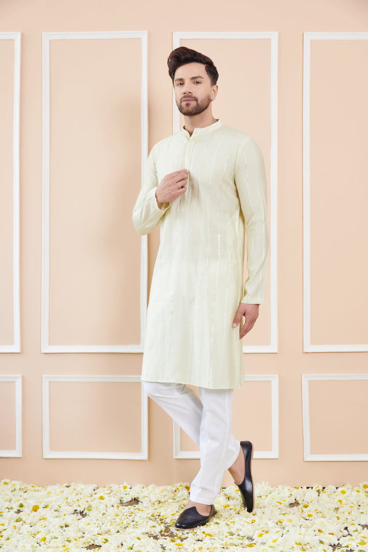 Men Cream and Gold Sequins Embroidered Chanderi Silk Straight Kurta