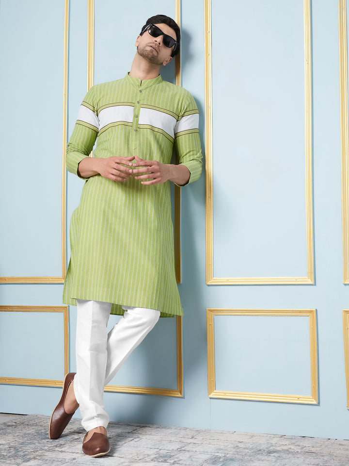 Green Woven Striped Straight Kurta With Pyjama