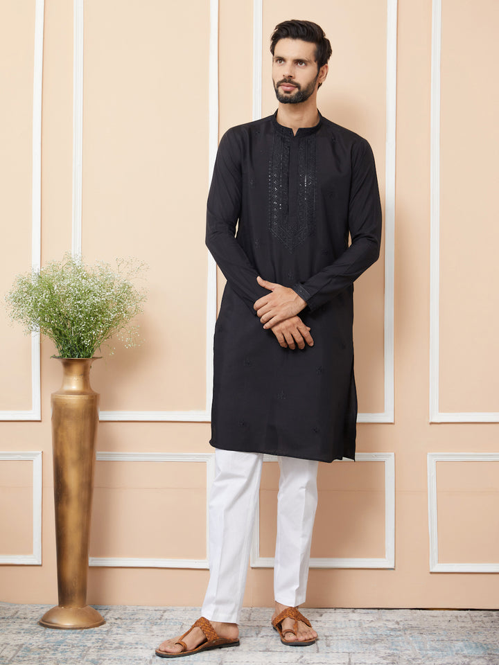 Black Embroidered Chanderi Silk Straight Kurta with Pyjama