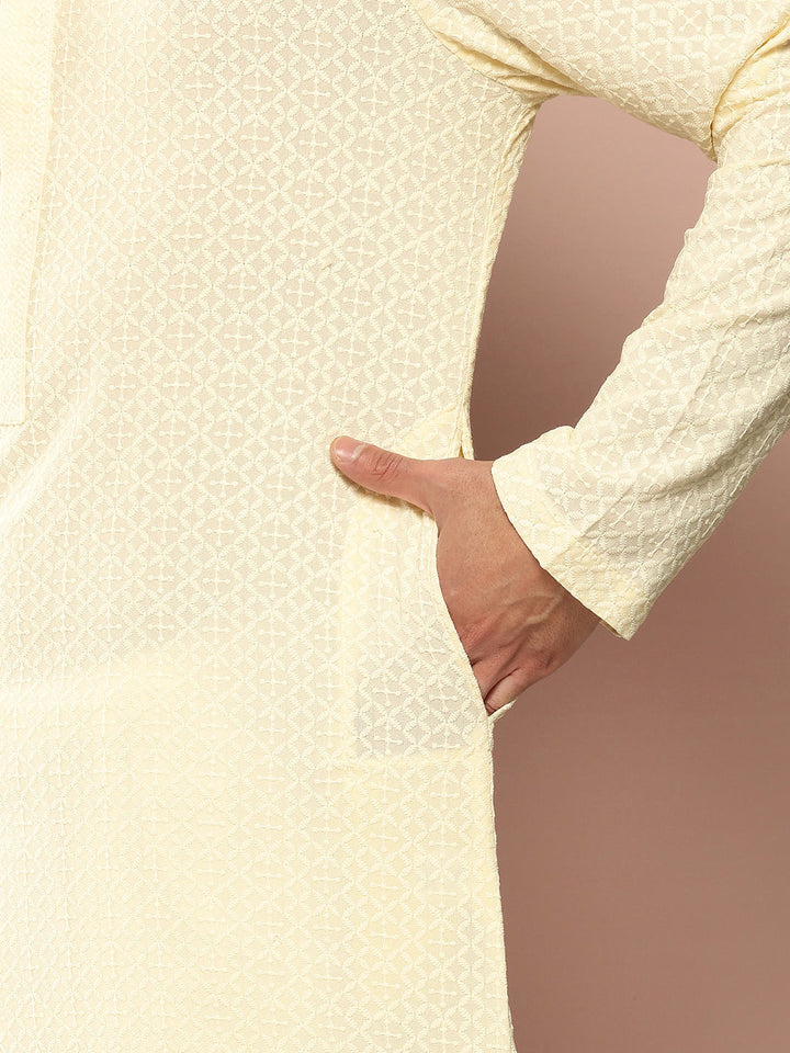 Men’s Cream Rayon Kurta with Embroidered Chikankari, Paired with Pyjama