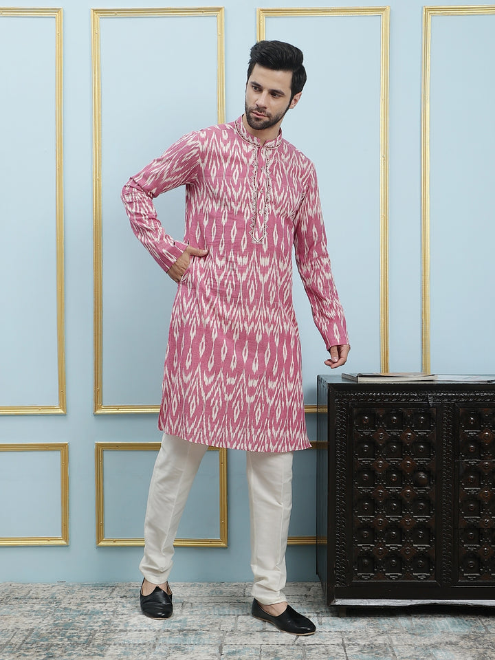 Printed Ikat Pure Cotton Straight Kurta with Embroidered Neck Design