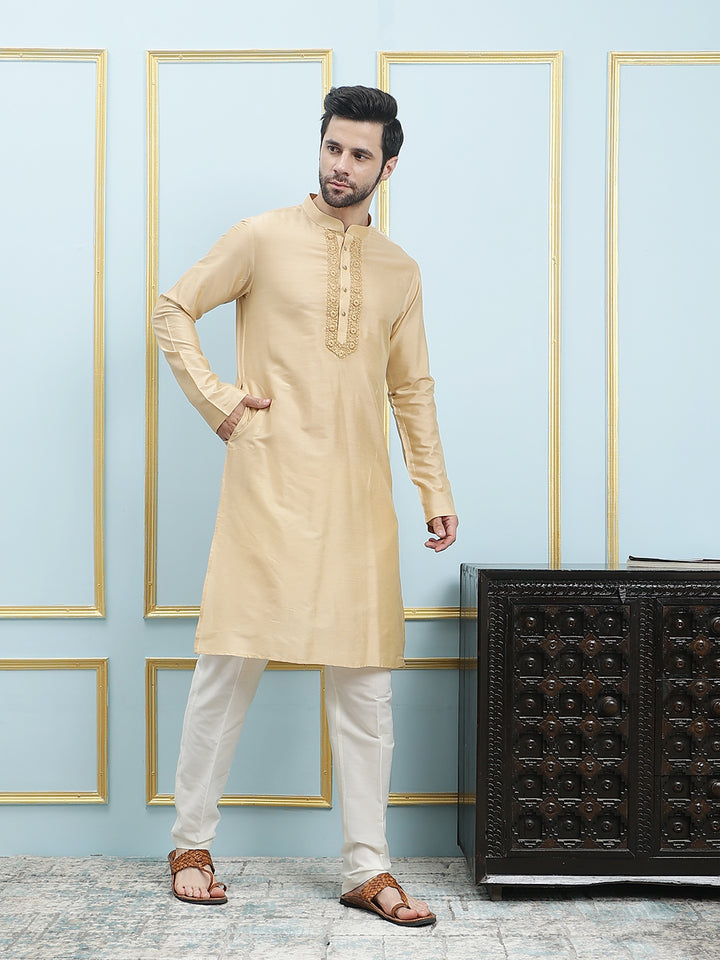 Solid Pure Cotton Straight Kurta with Embroidered Neck Design and Pyjama