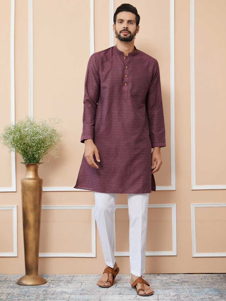 Dark Mauve Ethnic Motifs Silk Jacquard Woven Design Straight Kurta with Pyjama