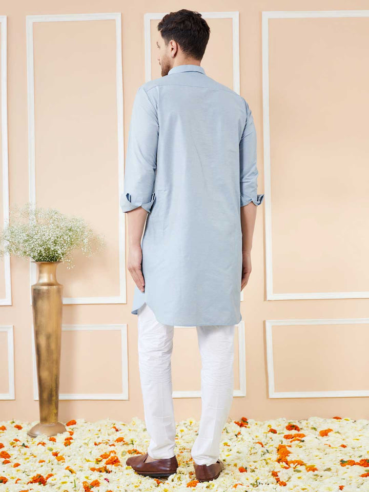 Blue Cotton Solid Pathani Kurta