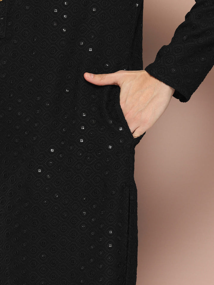 Men's Black Sequin Embroidered Rayon Kurta, Paired with Pyjama