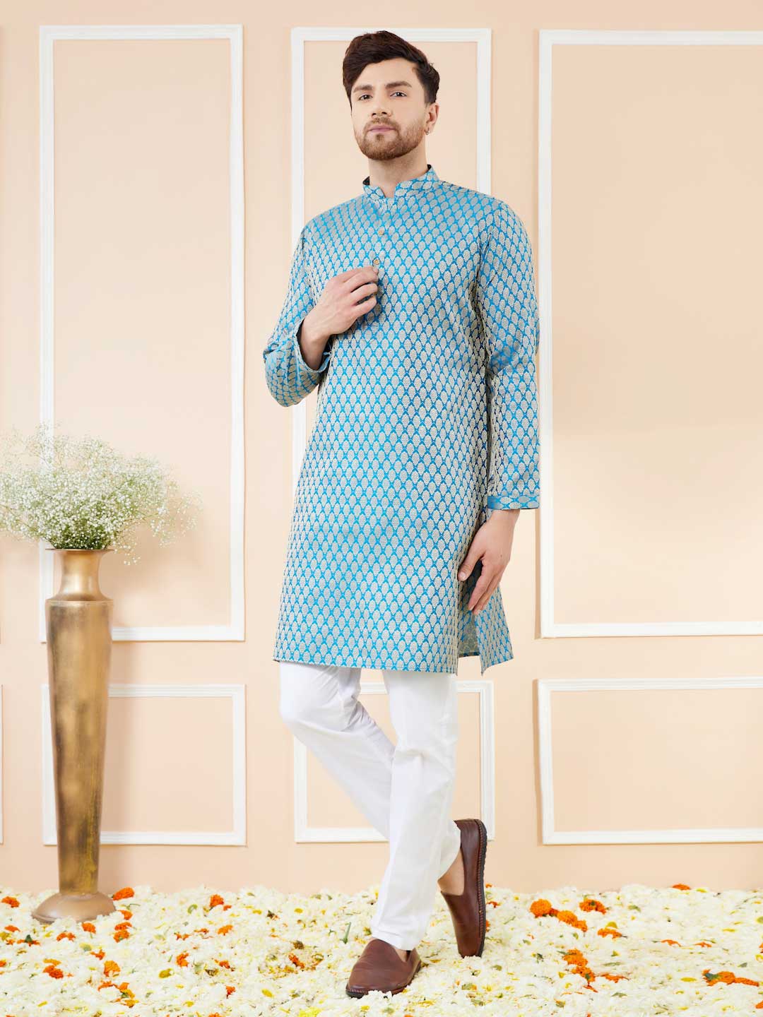 Blue Ethnic Motifs Silk Jacquard Woven Design Straight Kurta