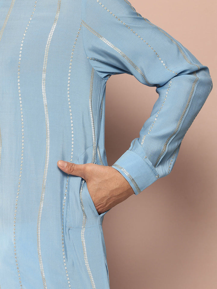 Men's Blue Chanderi Silk Kurta with Sequin Embroidery, Paired with Pyjama