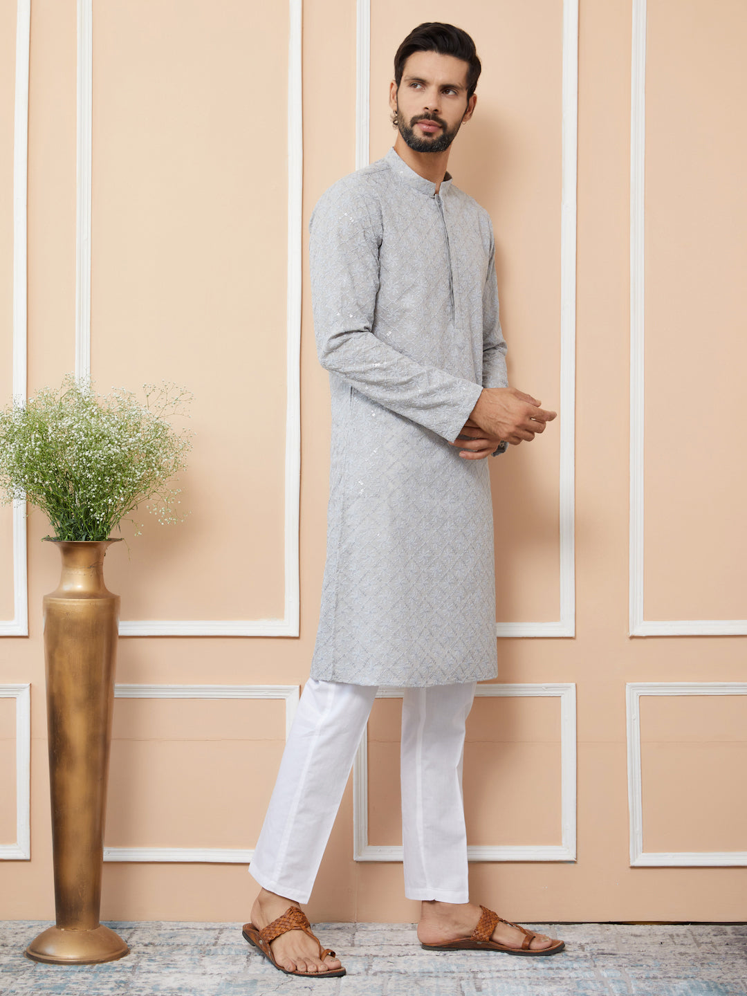 Grey Sequins and Thread Embroidered Cotton Straight Kurta