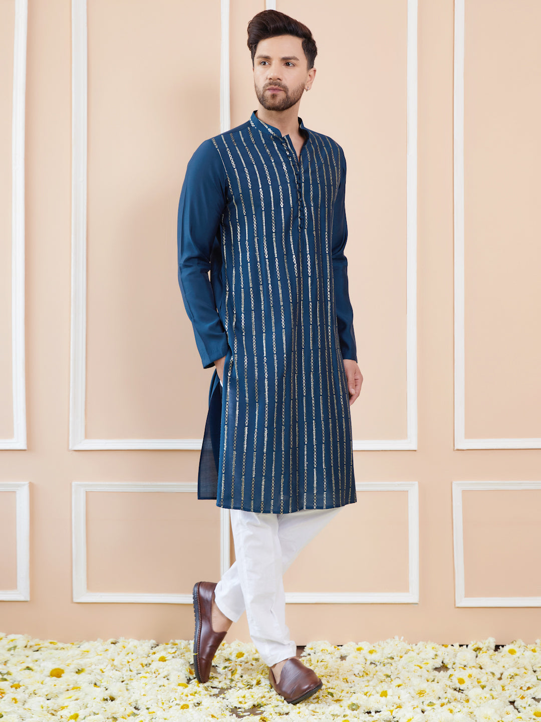 Men Blue and Gold Sequins Embroidered Chanderi Silk Straight Kurta With Pyjama