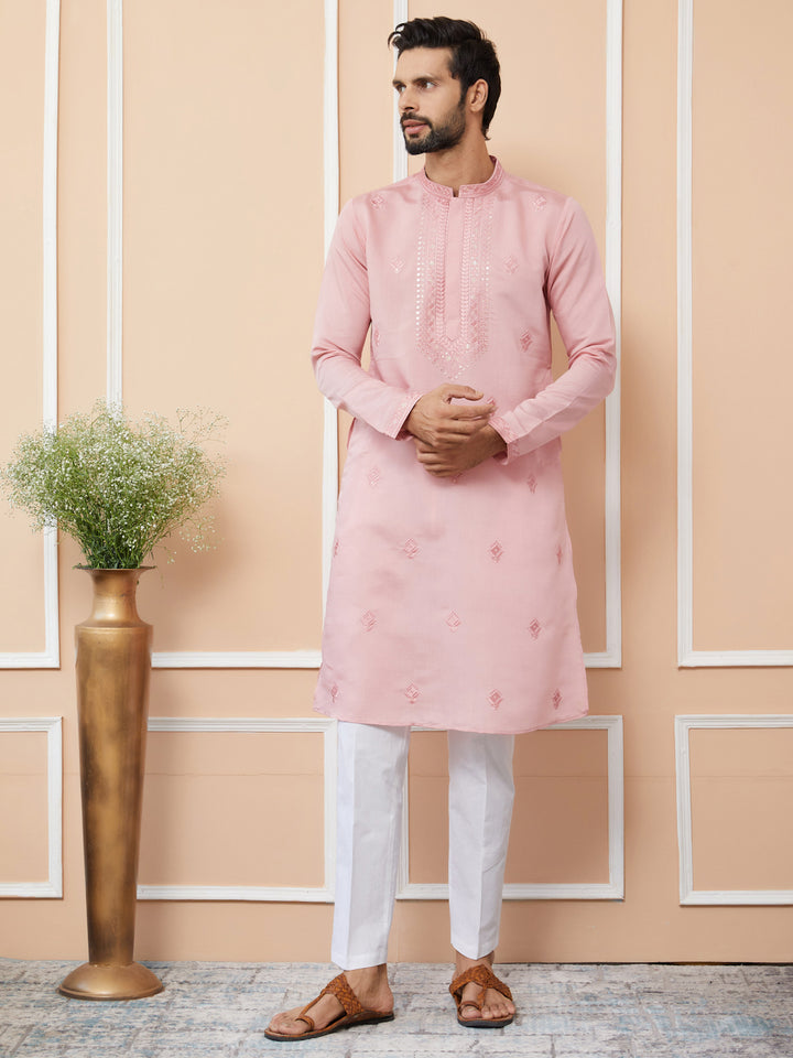 Pale Rose Embroidered Chanderi Silk Straight Kurta