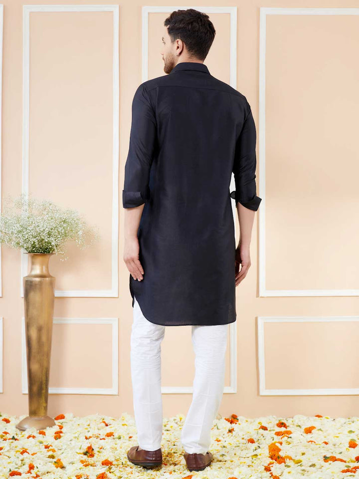 Black Cotton Solid Pathani Kurta with Pyjama