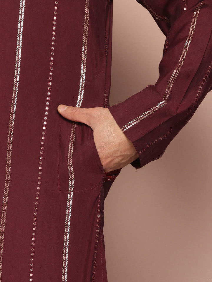 Men's Maroon Chanderi Silk Kurta with Sequin Embroidery, Paired with Pyjama