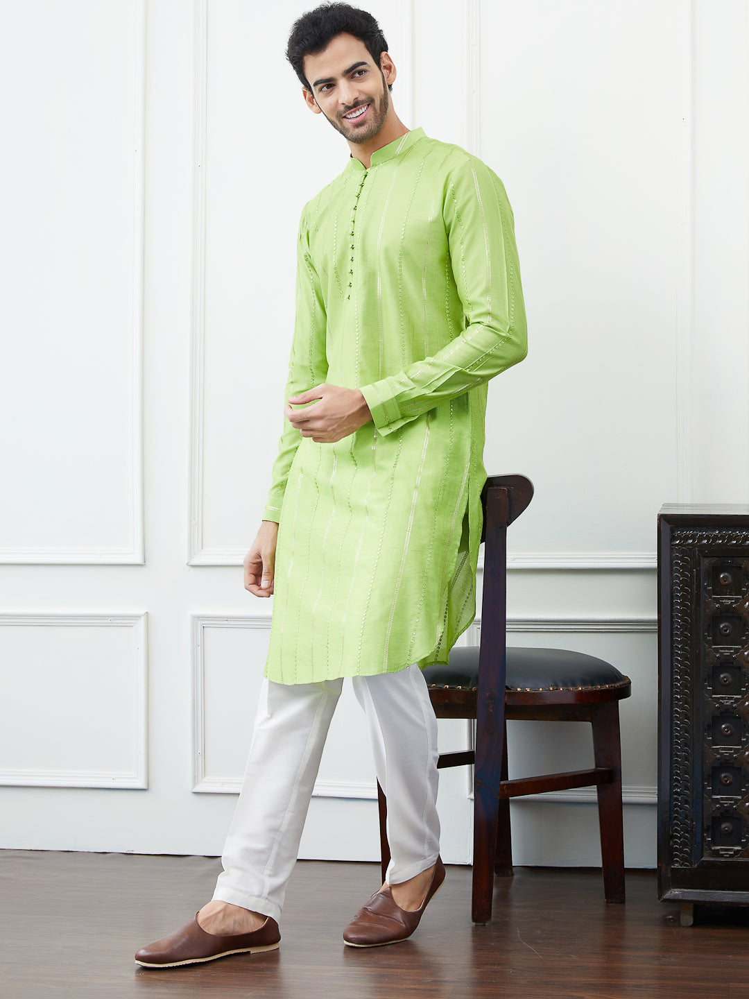 Sequins Embroidered Chanderi Silk Straight Kurta with Pyjama