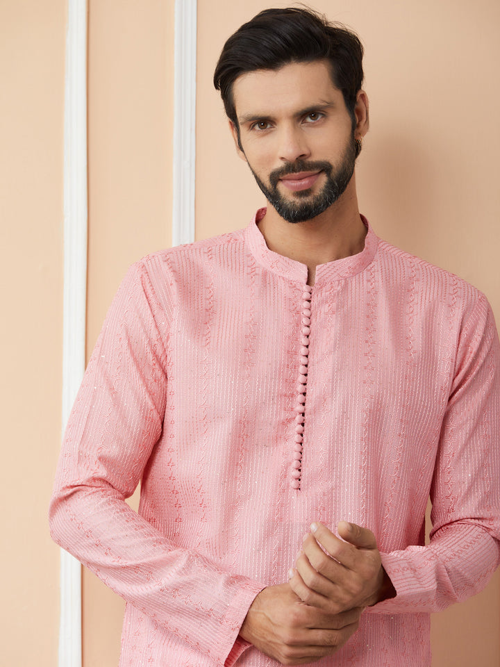 Pink Embroidered Thread Work Sequinned Chanderi Silk Straight Kurta with Pyjama