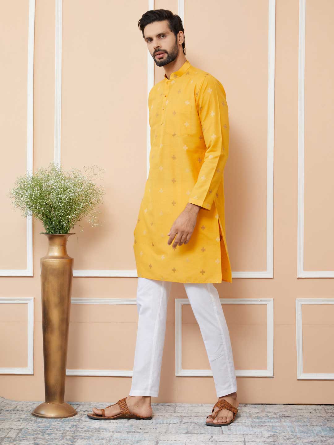 Mustard Cotton Handloom motifs Straight Kurta