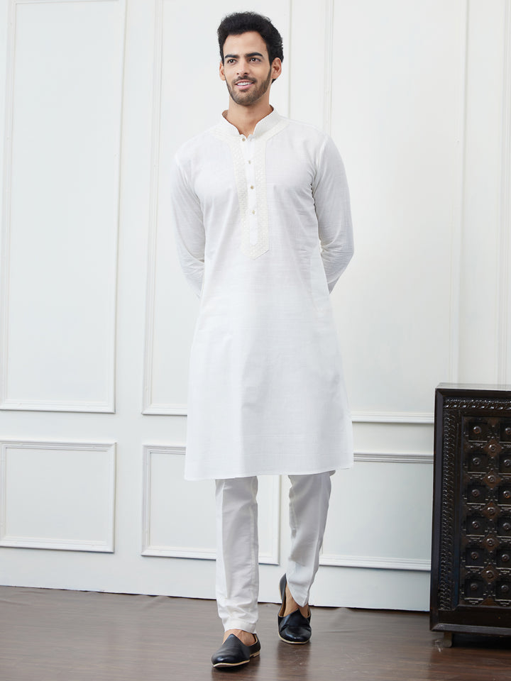 Solid Pure Cotton Straight Kurta with Embroidered Sequin Neck Design and Pyjama