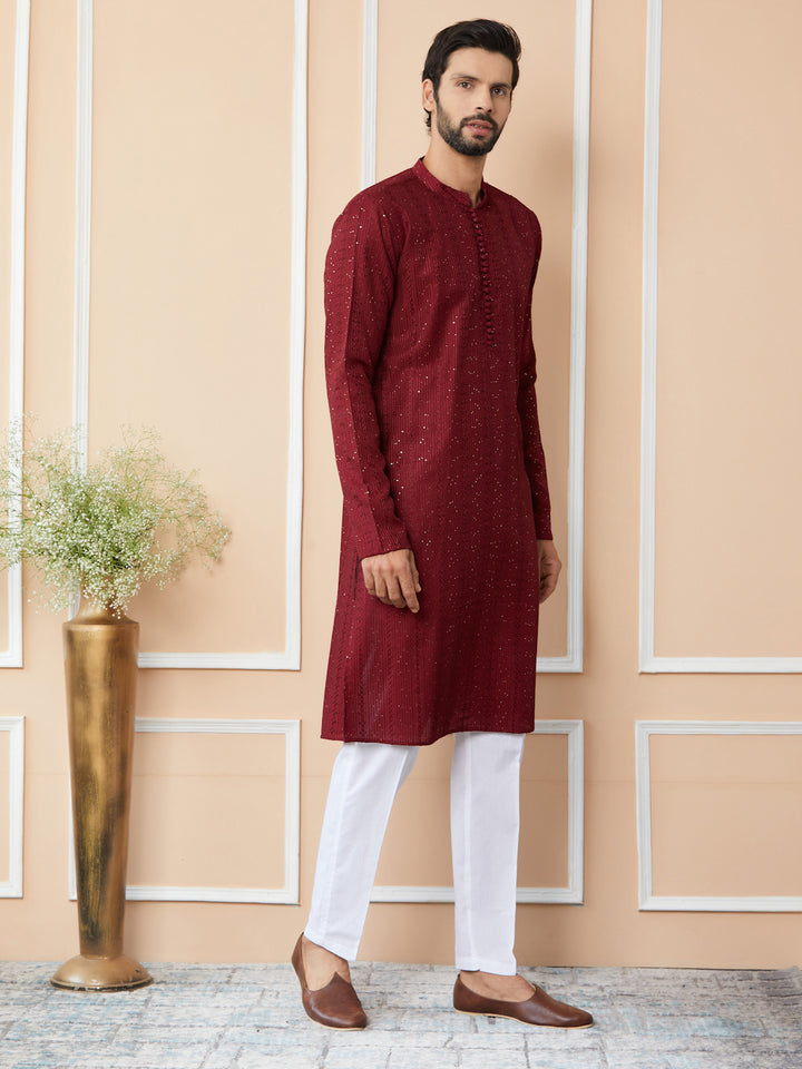 Dark Maroon Embroidered Thread Work Sequinned Chanderi Silk Straight Kurta