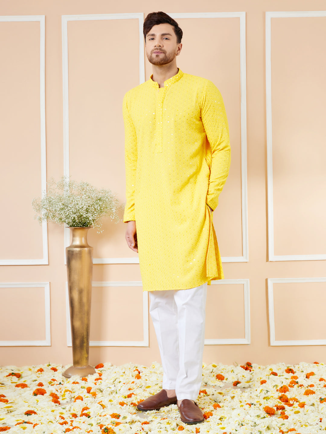 Yellow Sequins Embroidered Rayon Kurta with Pyjama