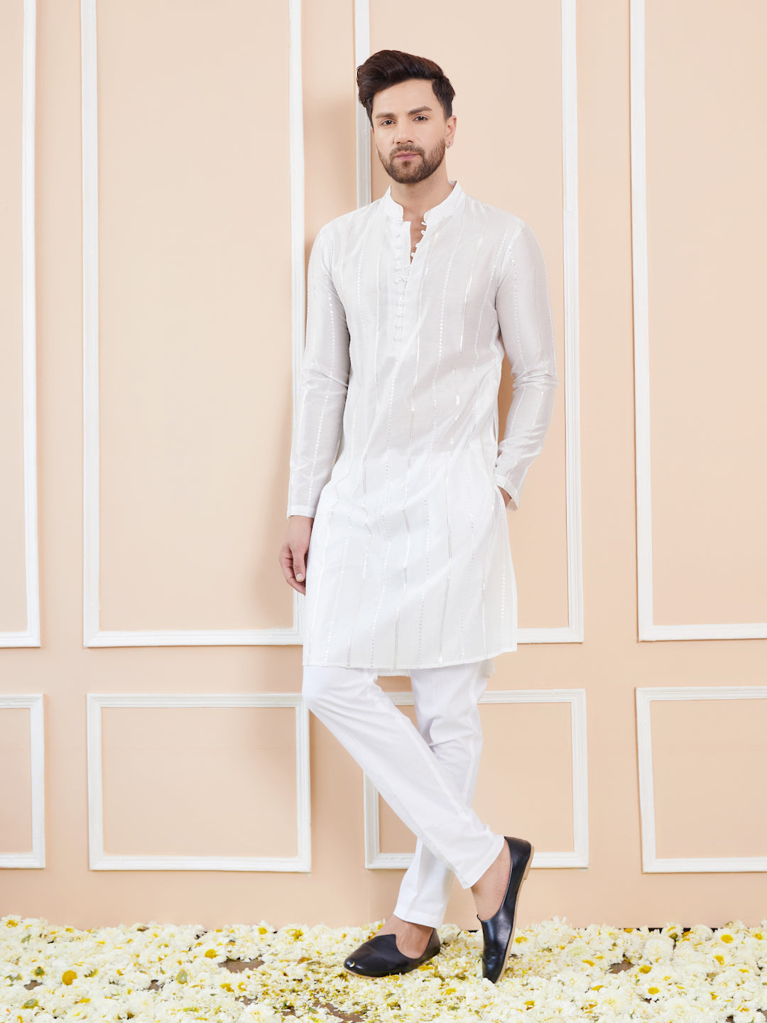 White Sequins Embroidered Pure Chanderi Silk Straight Kurta with Pyjama