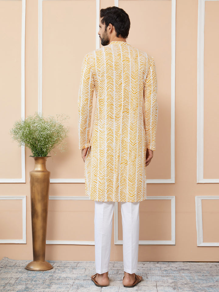 White-Yellow Printed Pure Cotton Straight Kurta