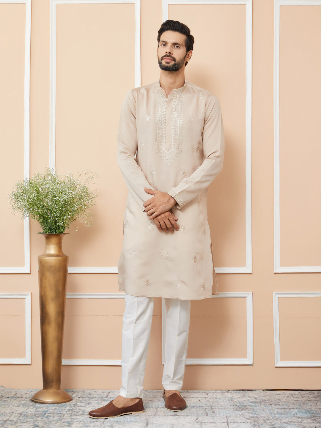 Beige Embroidered Chanderi Silk Straight Kurta