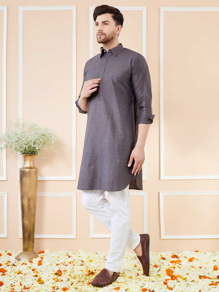 Grey Cotton Solid Pathani Kurta with Pyjama