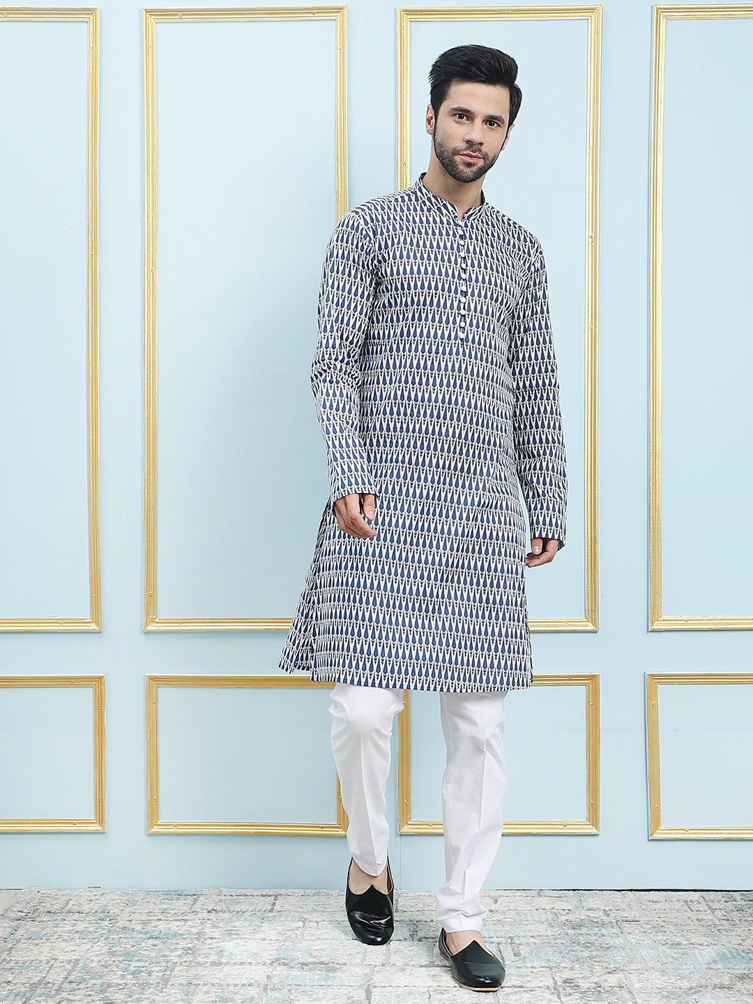 Blue Printed Pure Cotton New Design Straight Kurta