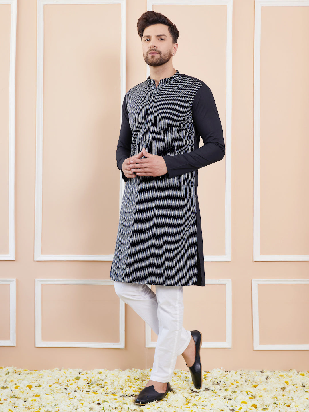 Black Sequins and Thread Worked Cotton Straight Kurta