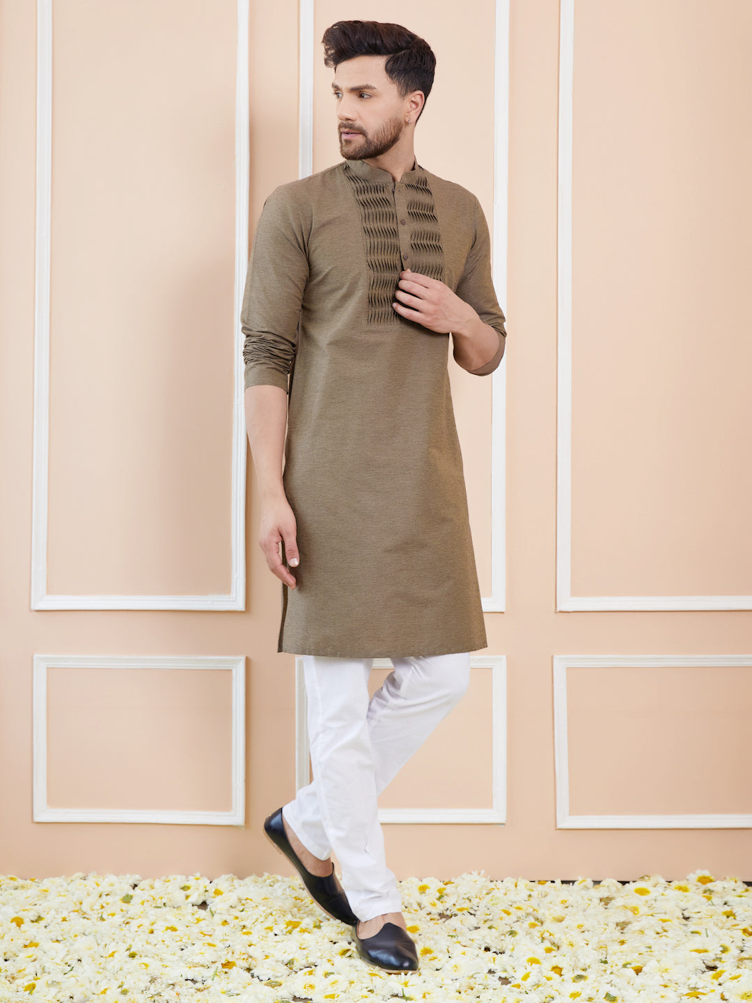 Dust Cotton Straight Kurta with Pintuck Yoke Neckline