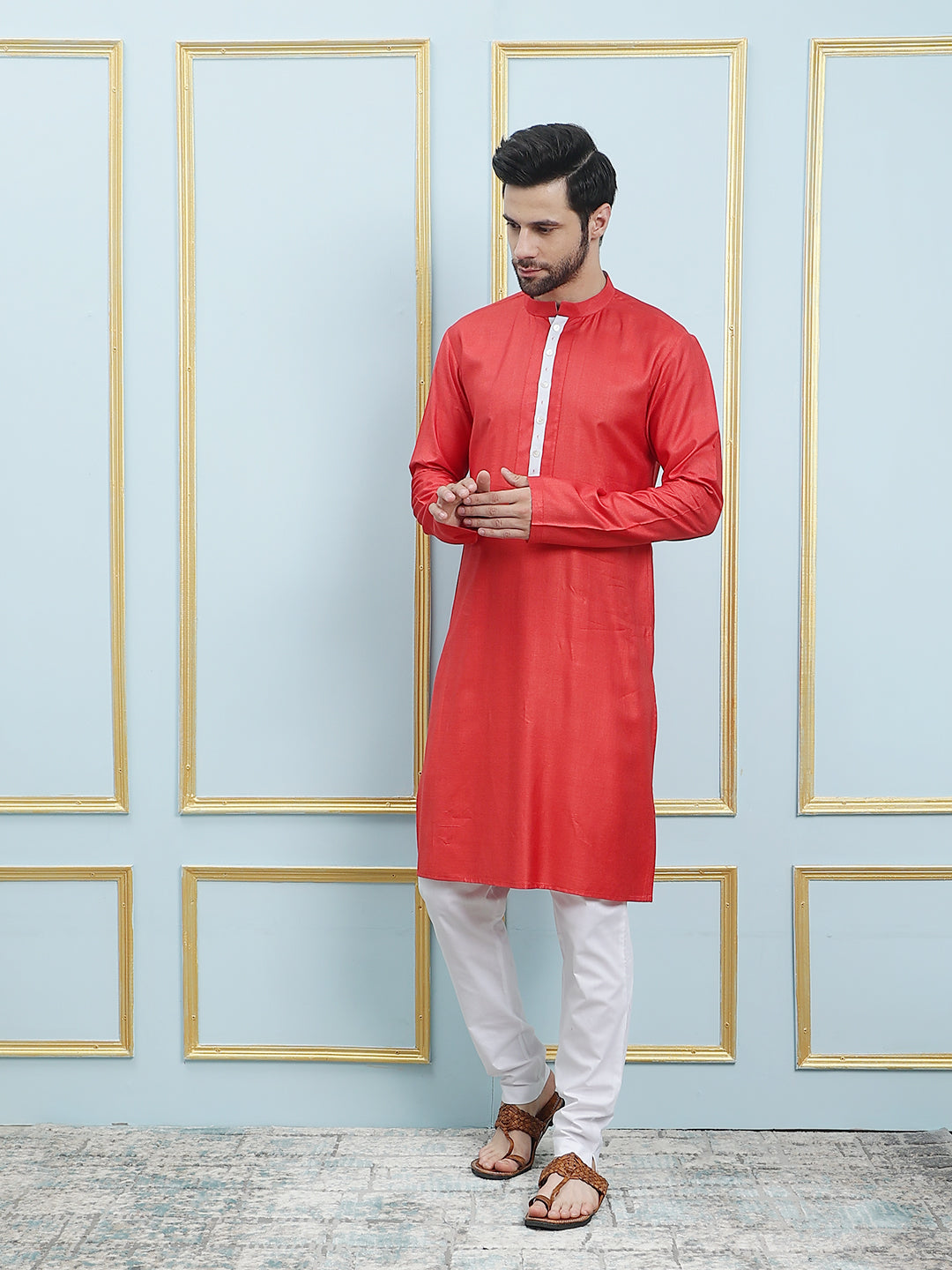 Solid Cotton Silk Straight Kurta with Pyjama