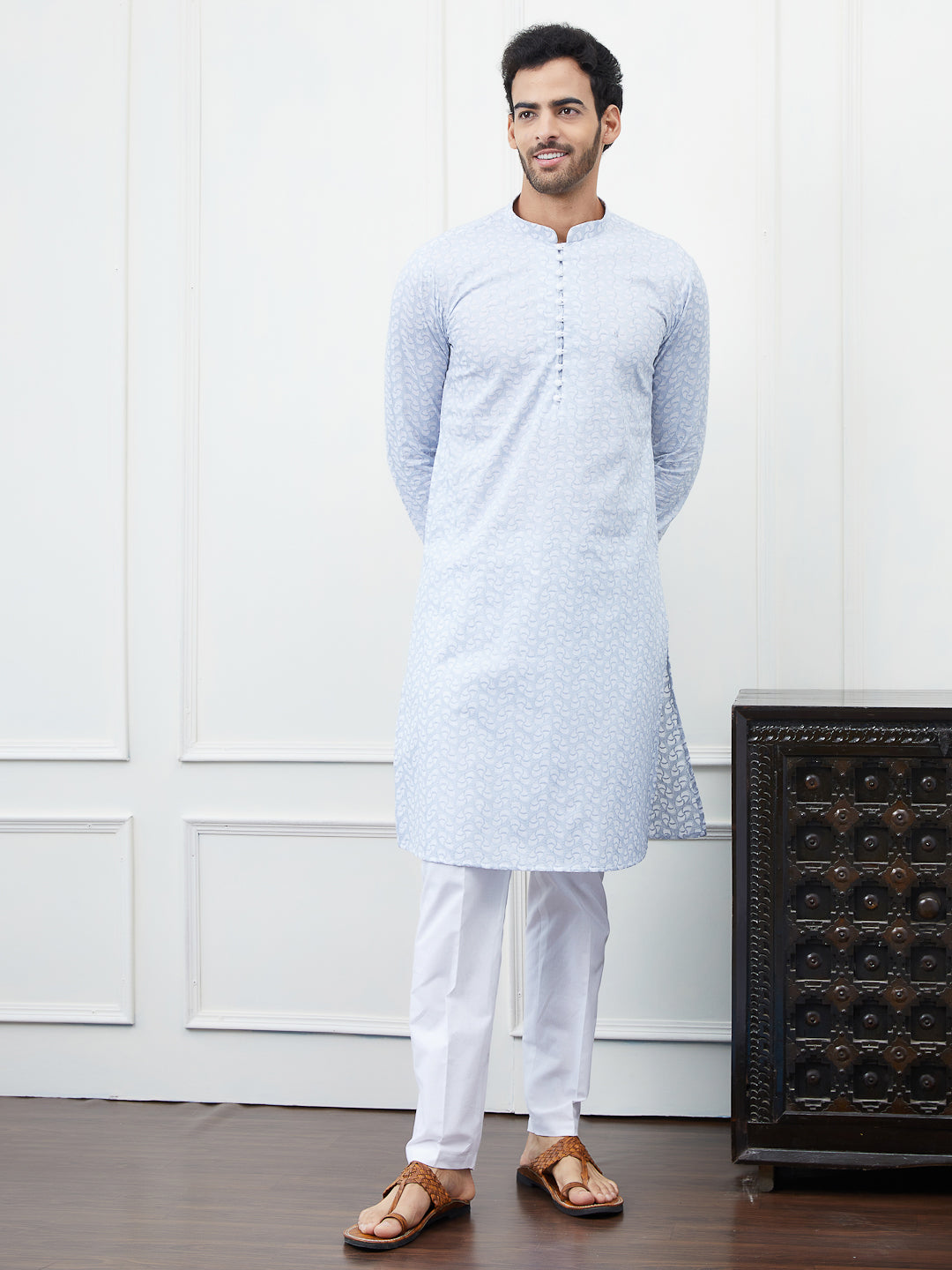 Embroidered Pure Cotton Straight Kurta with Pyjama