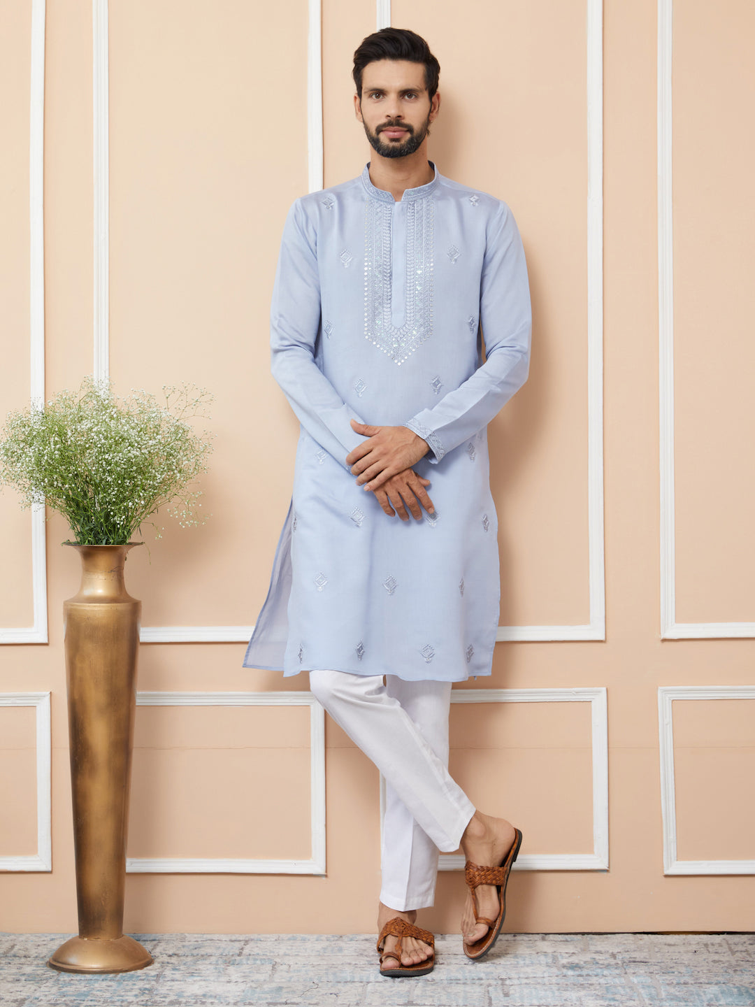 Blue Embroidered Chanderi Silk Straight Kurta