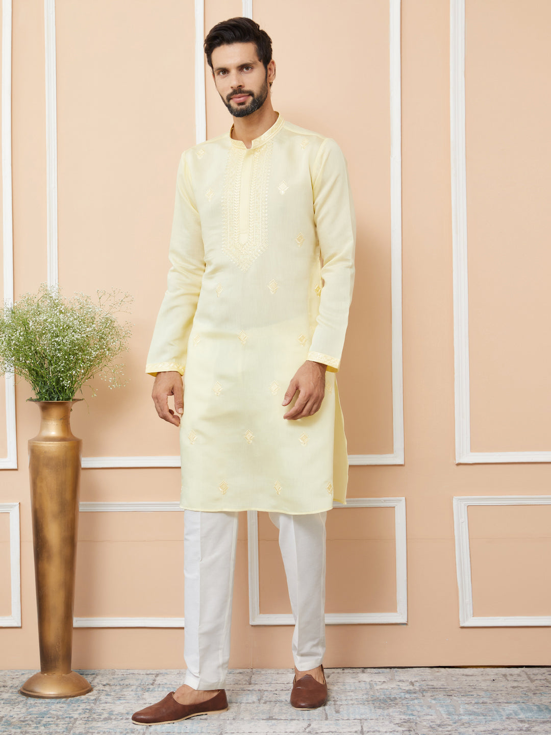 Yellow Embroidered Chanderi Silk Straight Kurta