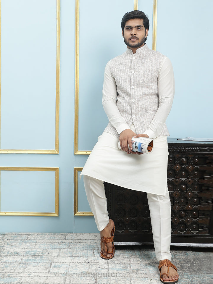 Pure Silk Straight Kurta & Pyjama Set with Handwoven Nehru Jacket