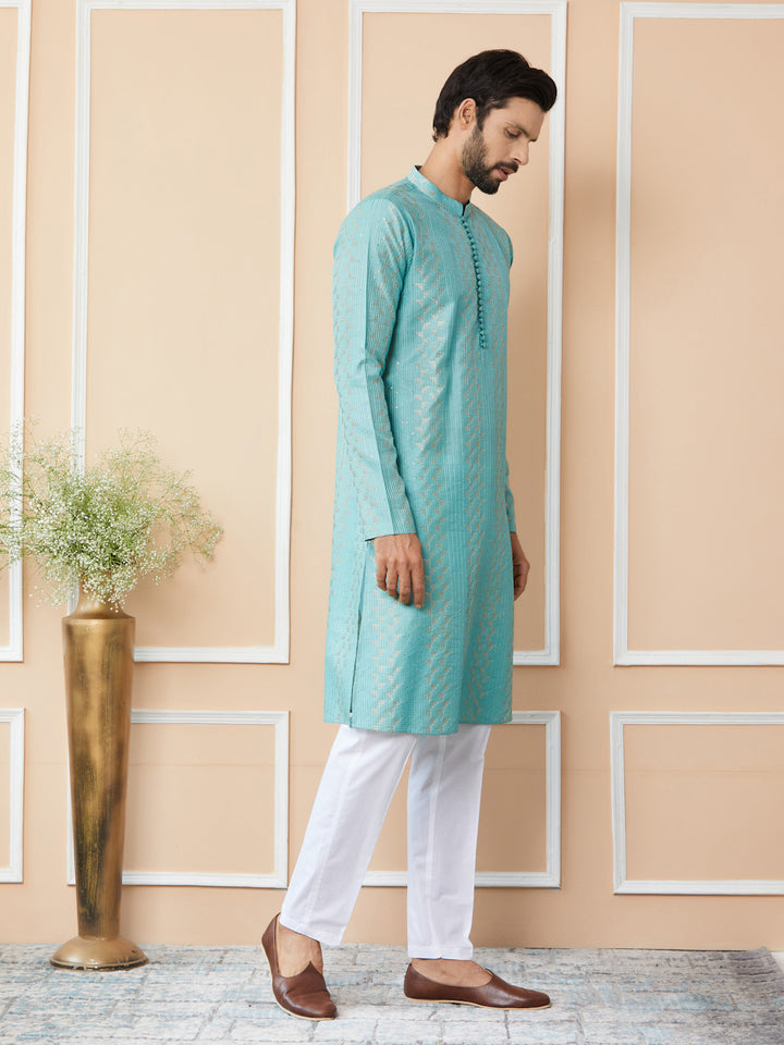 Ice Green Embroidered Thread Work Sequinned Chanderi Silk Straight Kurta