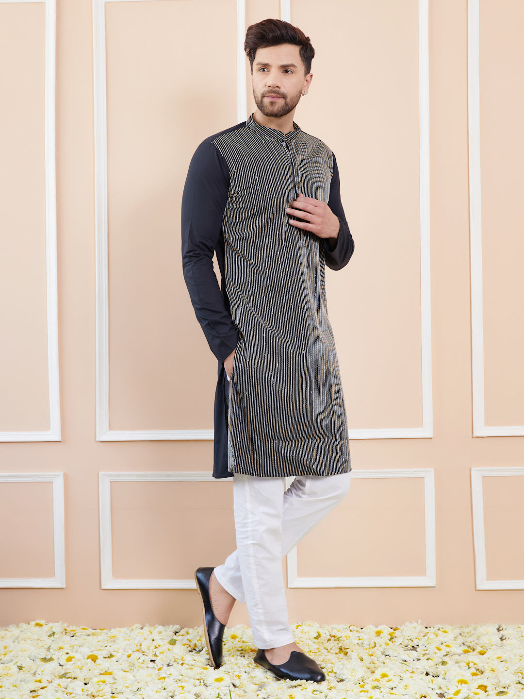 Black Sequins and Thread Worked Cotton Straight Kurta