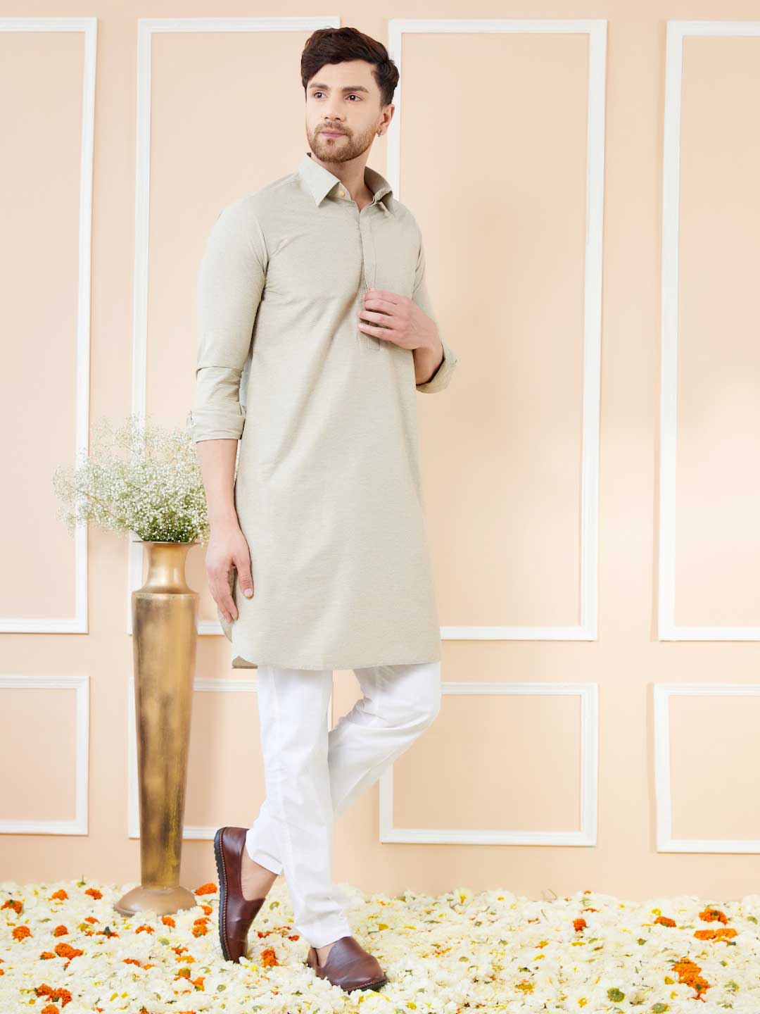 Cream Cotton Solid Pathani Kurta with Pyjama