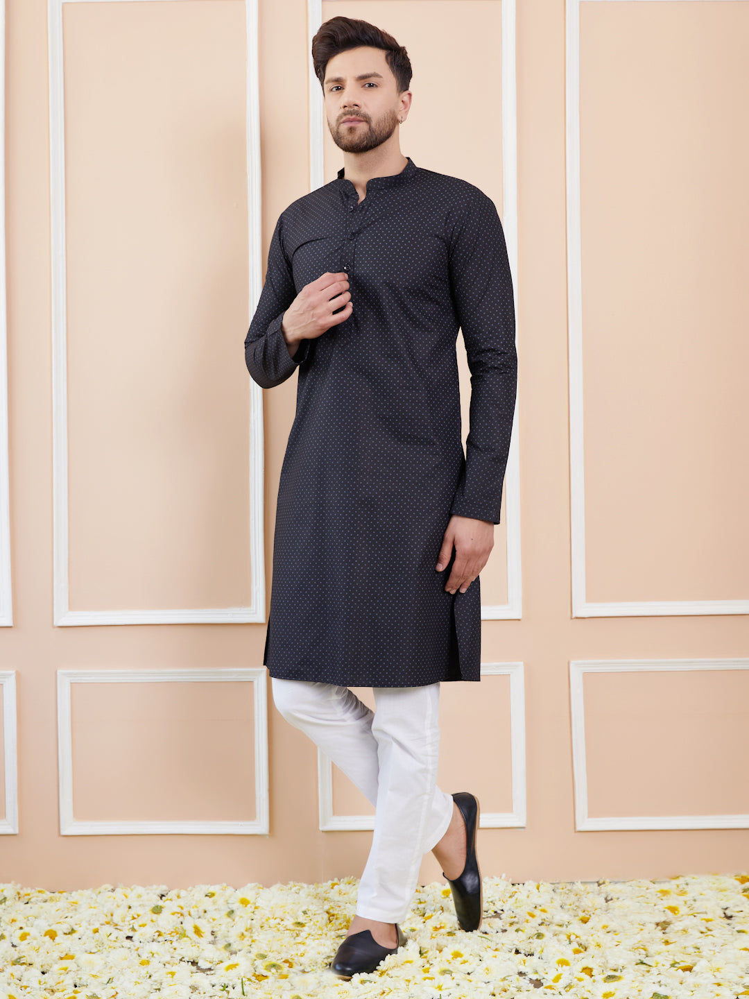 Black Printed Cotton Straight Kurta