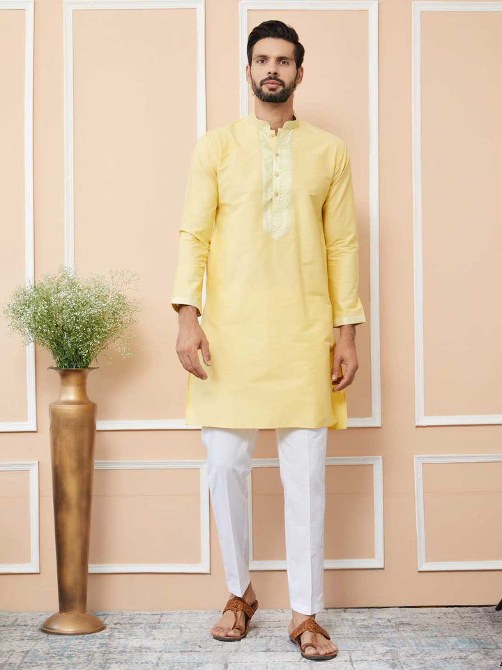 Yellow Solid Cotton Straight Kurta with Jacquard neckline