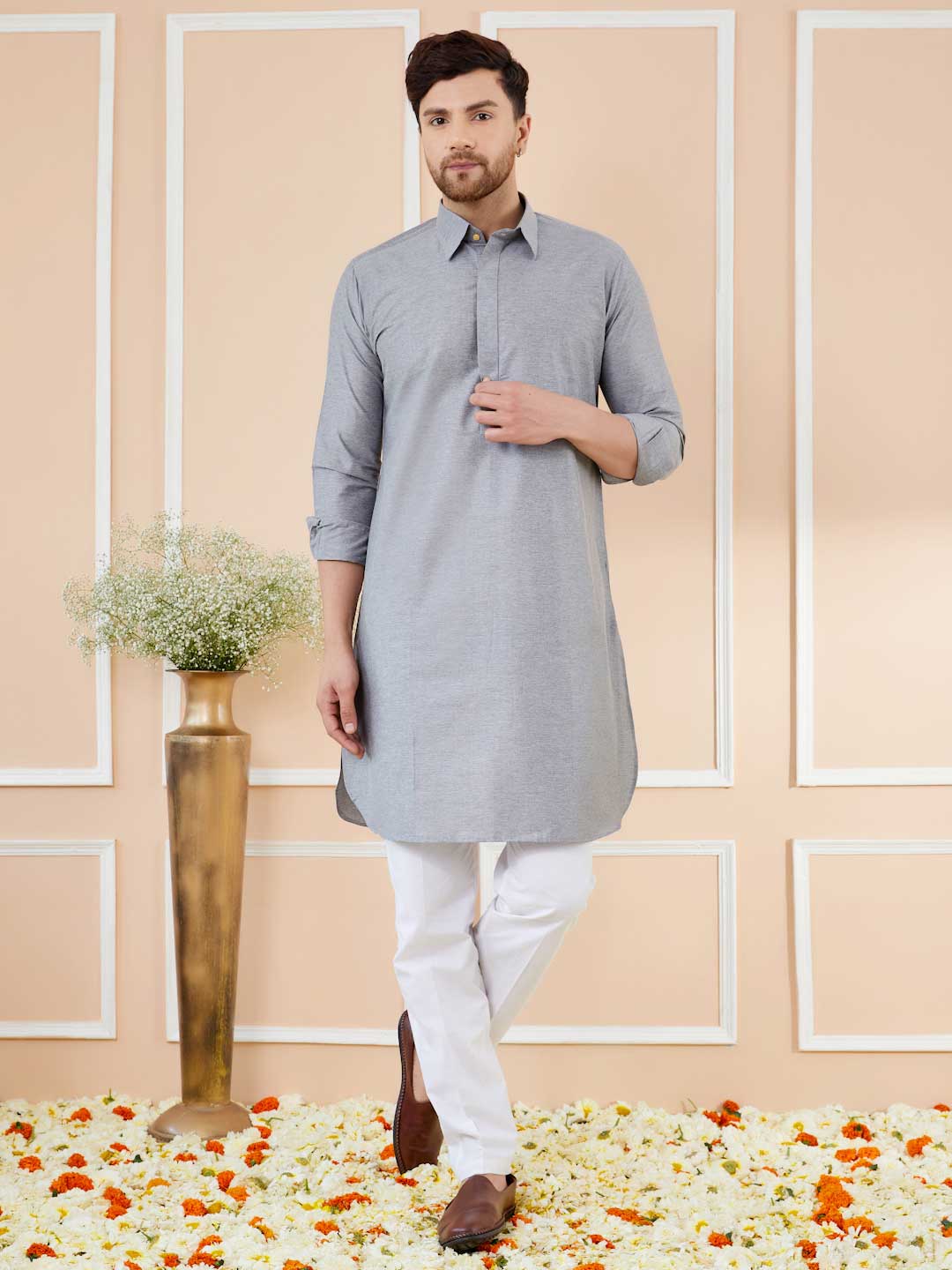 Grey Cotton Solid Pathani Kurta